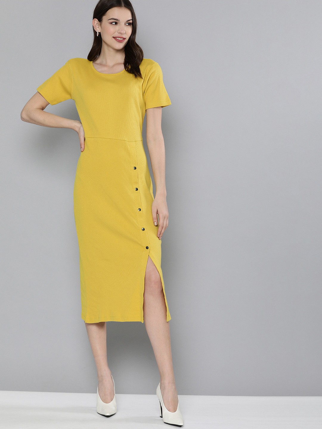 

HERE&NOW Women Mustard Yellow Solid Pure Cotton Sheath Dress