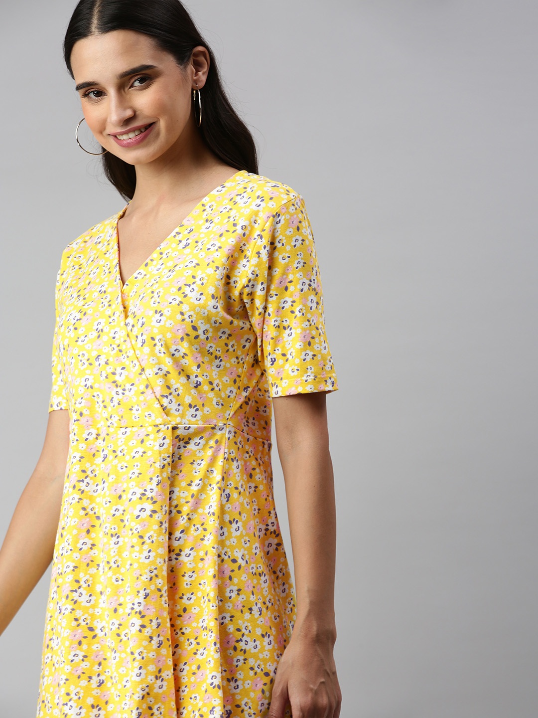 

HERE&NOW Yellow & White Floral Printed Wrap Dress