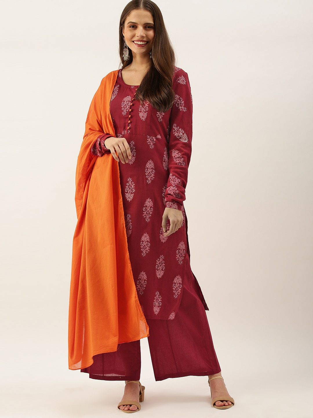 

all about you Women Maroon Ethnic Printed Straight Cotton Kurta with Palazzos & Dupatta