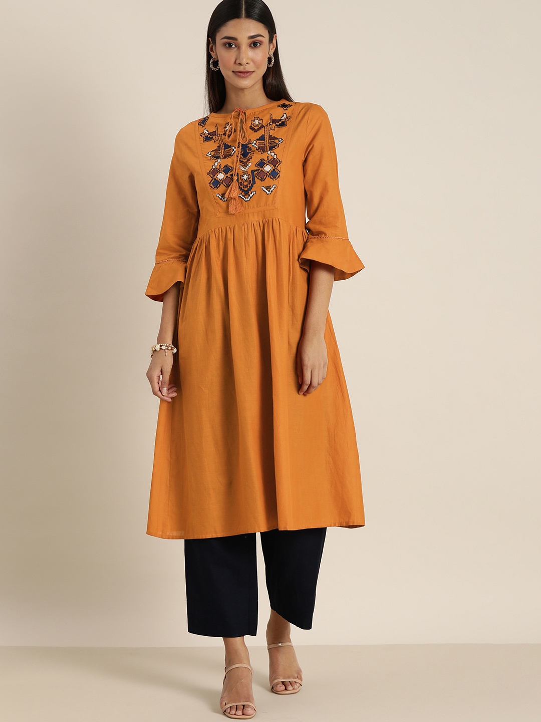 

All About You Women Rust Orange Embroidered Yoke Design A-line Kurta