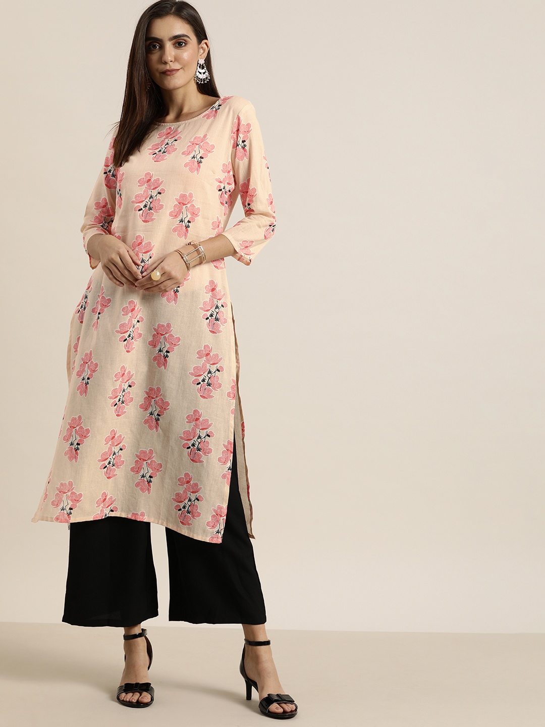 

all about you Women Peach-Coloured & Pink Floral Printed Floral Kurta
