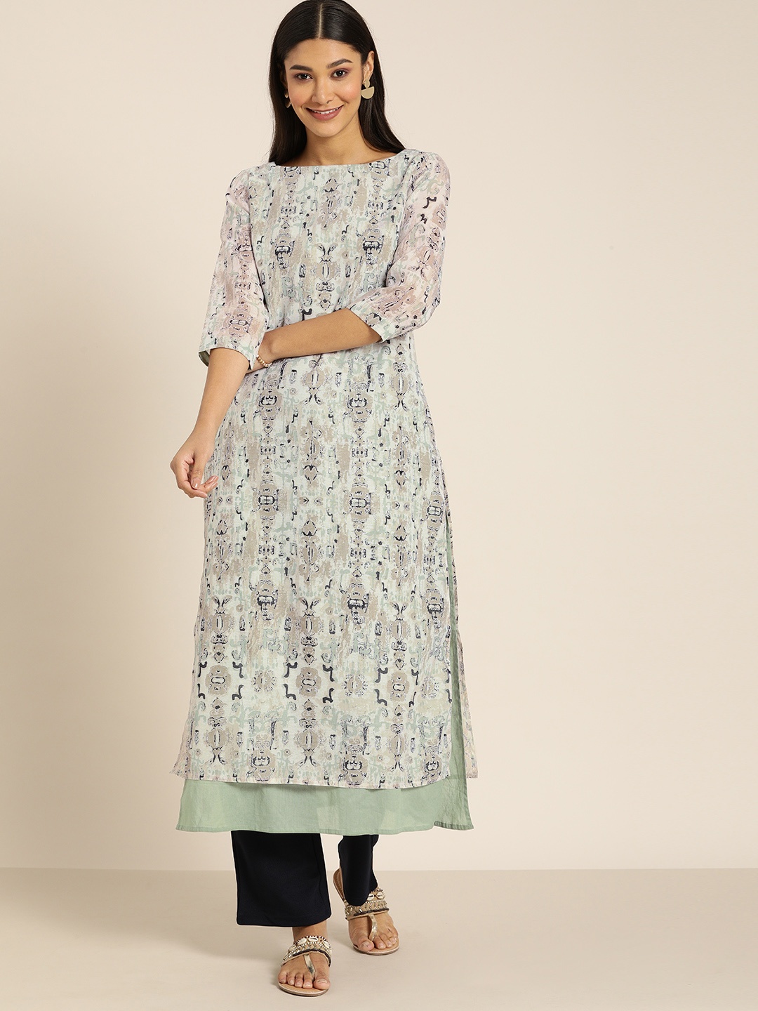 

All About You Women White & Green Ethnic Motifs Printed Layered Kurta