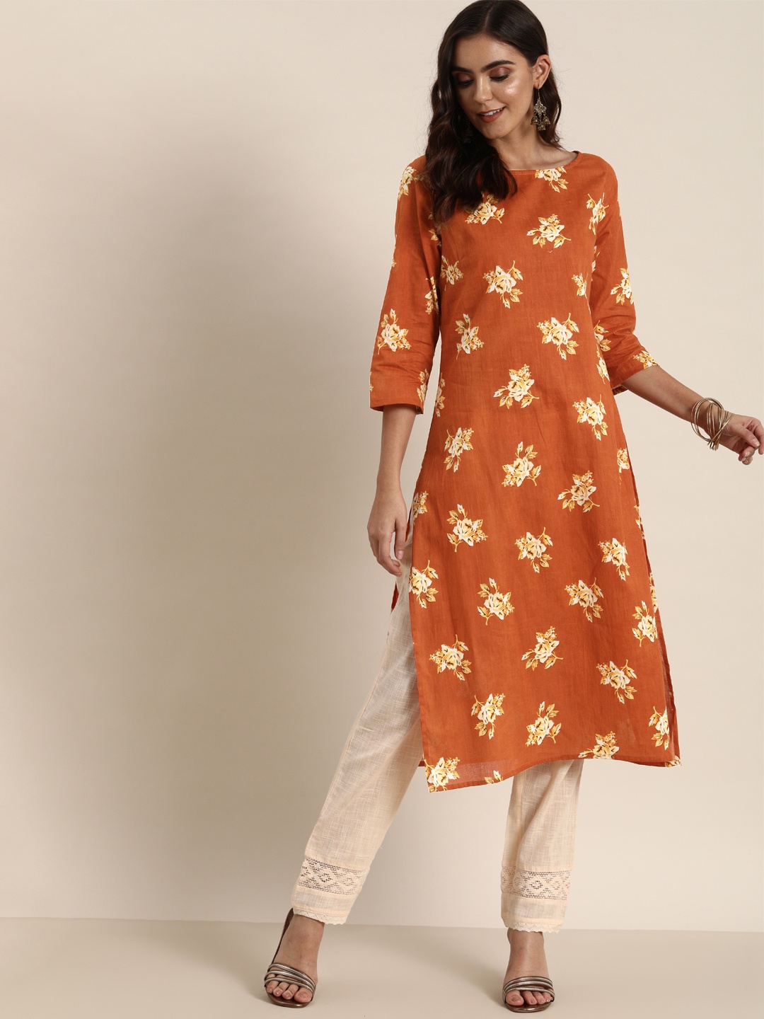 

all about you Women Rust Orange & Off White Floral Printed Floral Kurta