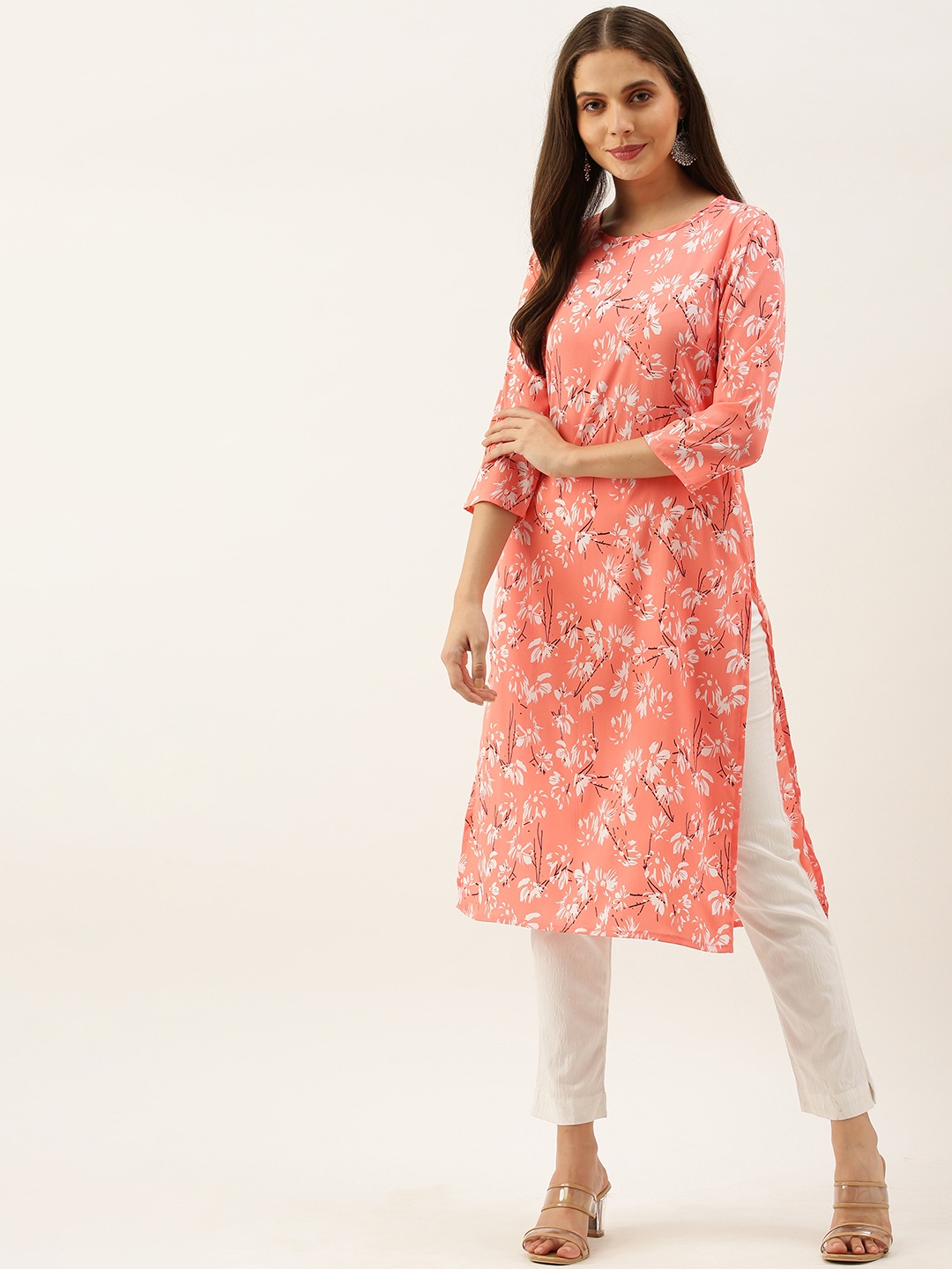 

all about you Women Pink & White Floral Printed Kurta