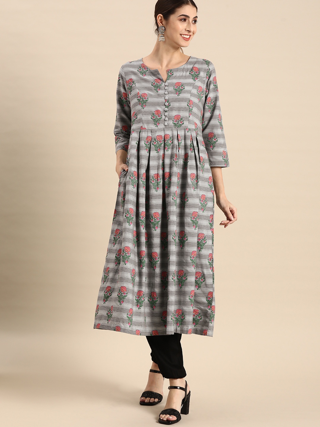 

all about you Women Grey & Pink Floral Printed Floral Kurta