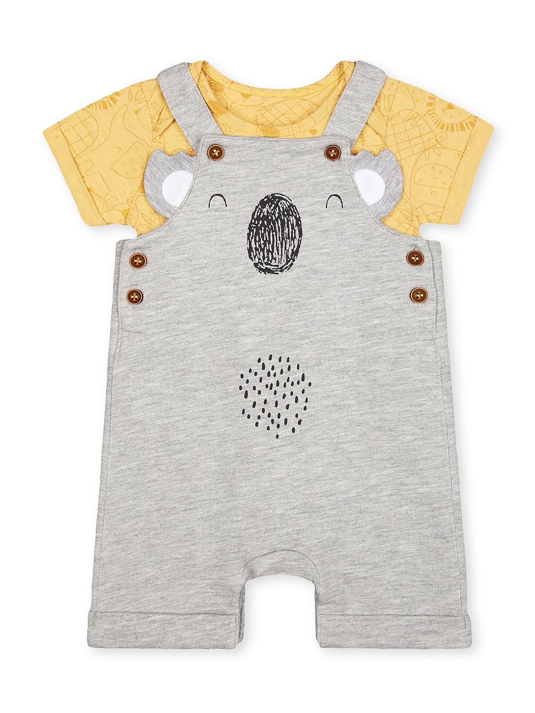 

mothercare Infant Boys Grey & Yellow Koala Printed Pure Cotton Dungaress With T-Shirt