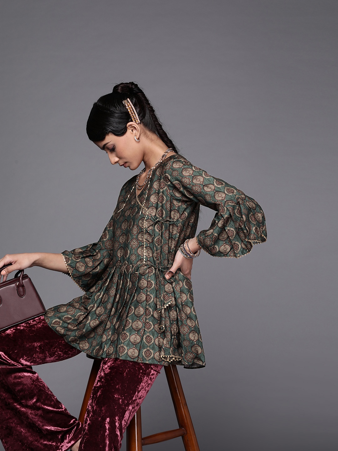 

Inddus Women Green & Taupe Printed Angrakha Tunic