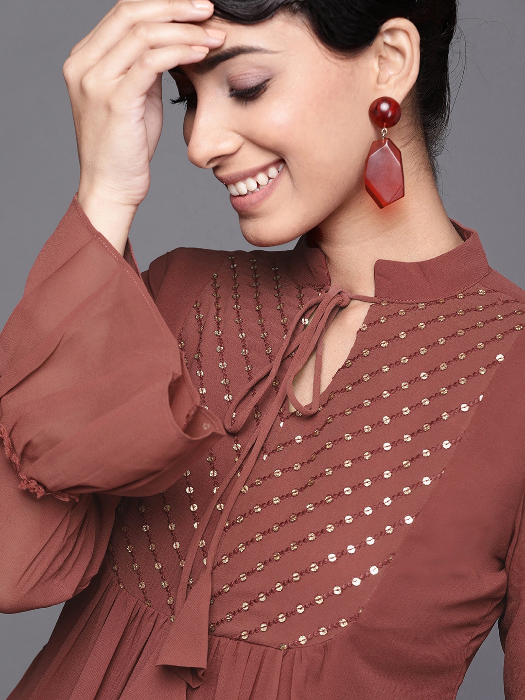 

Inddus Women Rust Brown Embellished Tunic