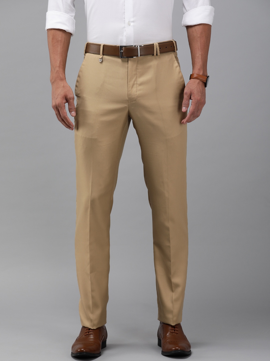 

Park Avenue Men Khaki & Beige Super Slim Fit Striped Formal Trousers