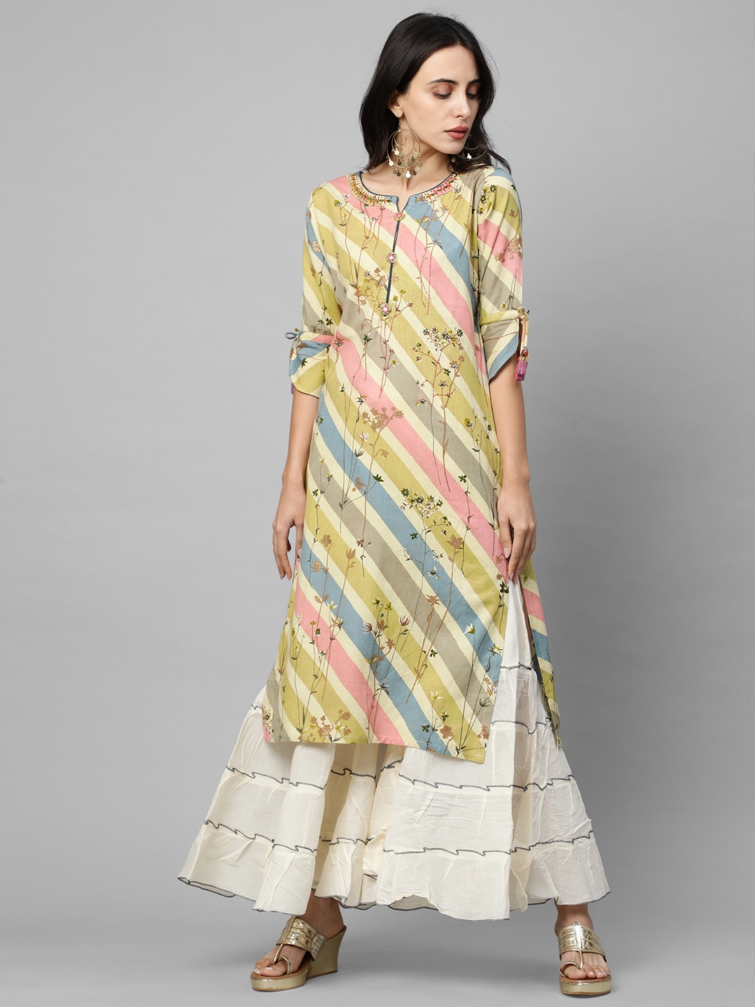 

FASHOR Women Beige & White Striped Kurta with Sharara