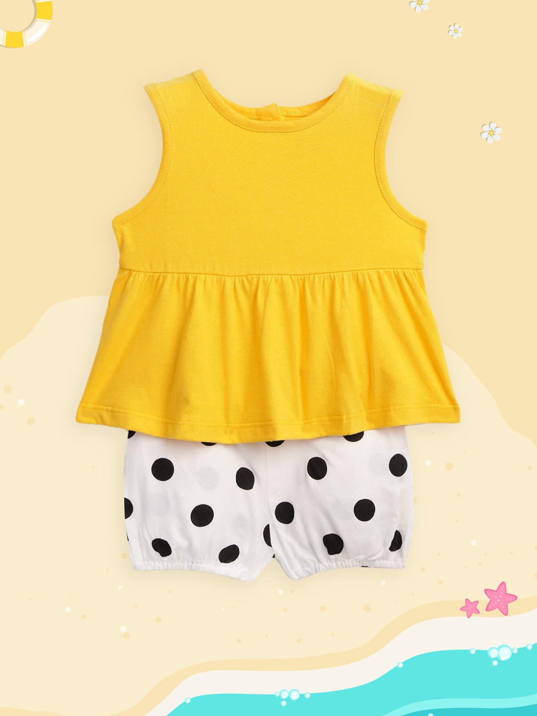 

YK Infant Girls Yellow & White Pure Cotton Solid Top with Polka Dots Print Shorts