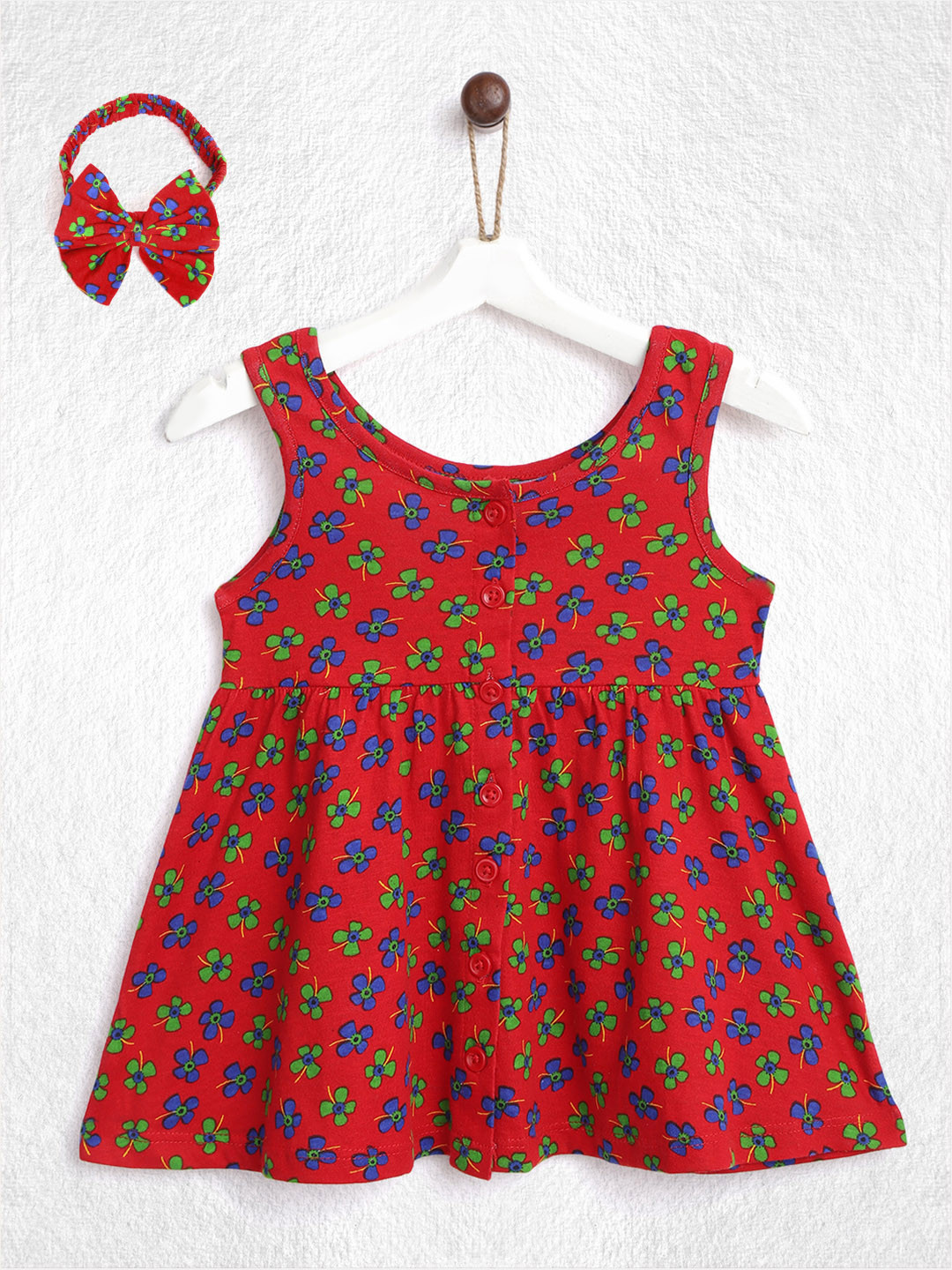 

YK Infant Girls Red & Green Pure Cotton Floral Print A-Line Dress with Hair Band