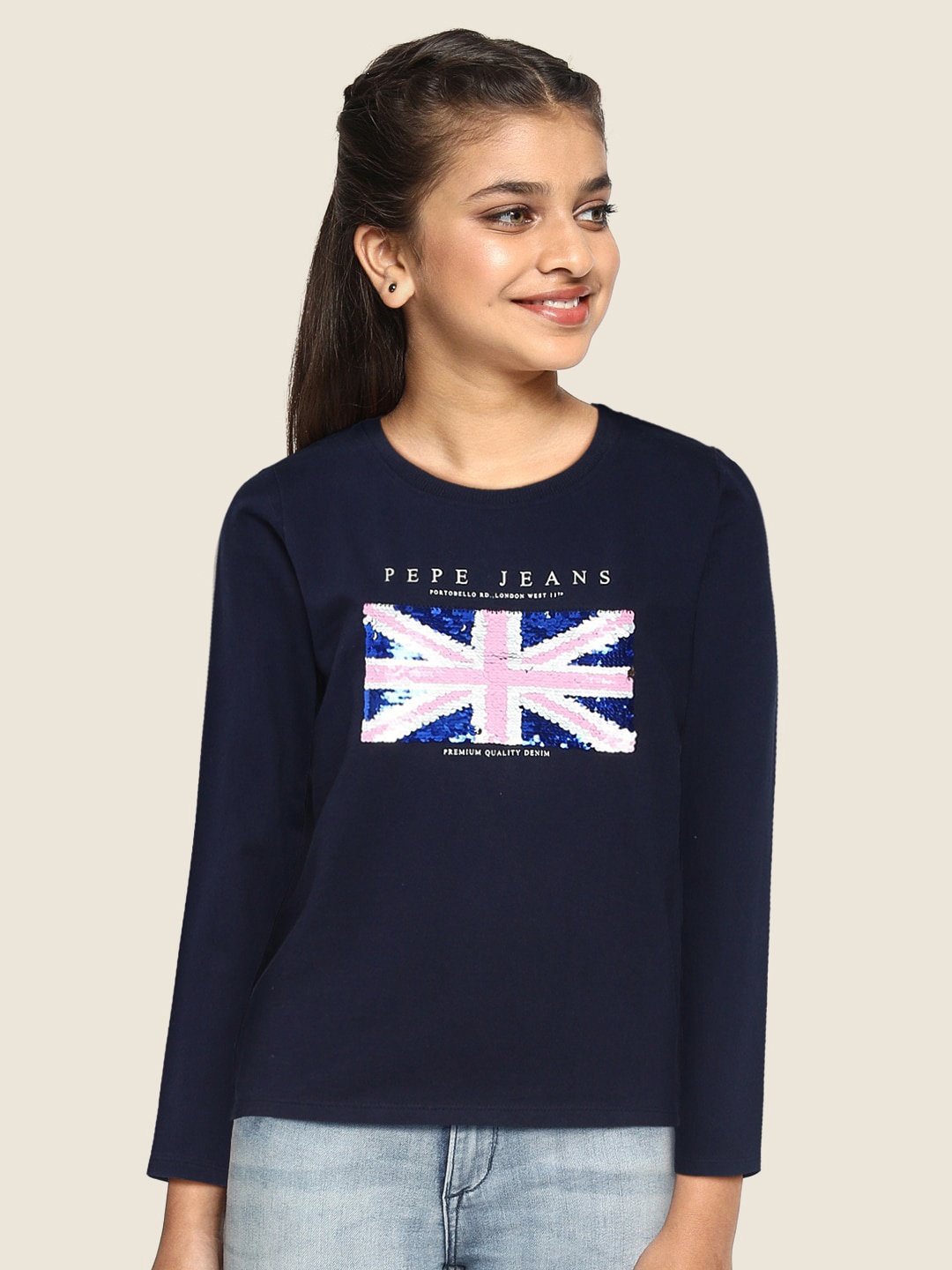 

Pepe Jeans Girls Navy Blue & Pink Printed Sequin Embellished Sweatshirt