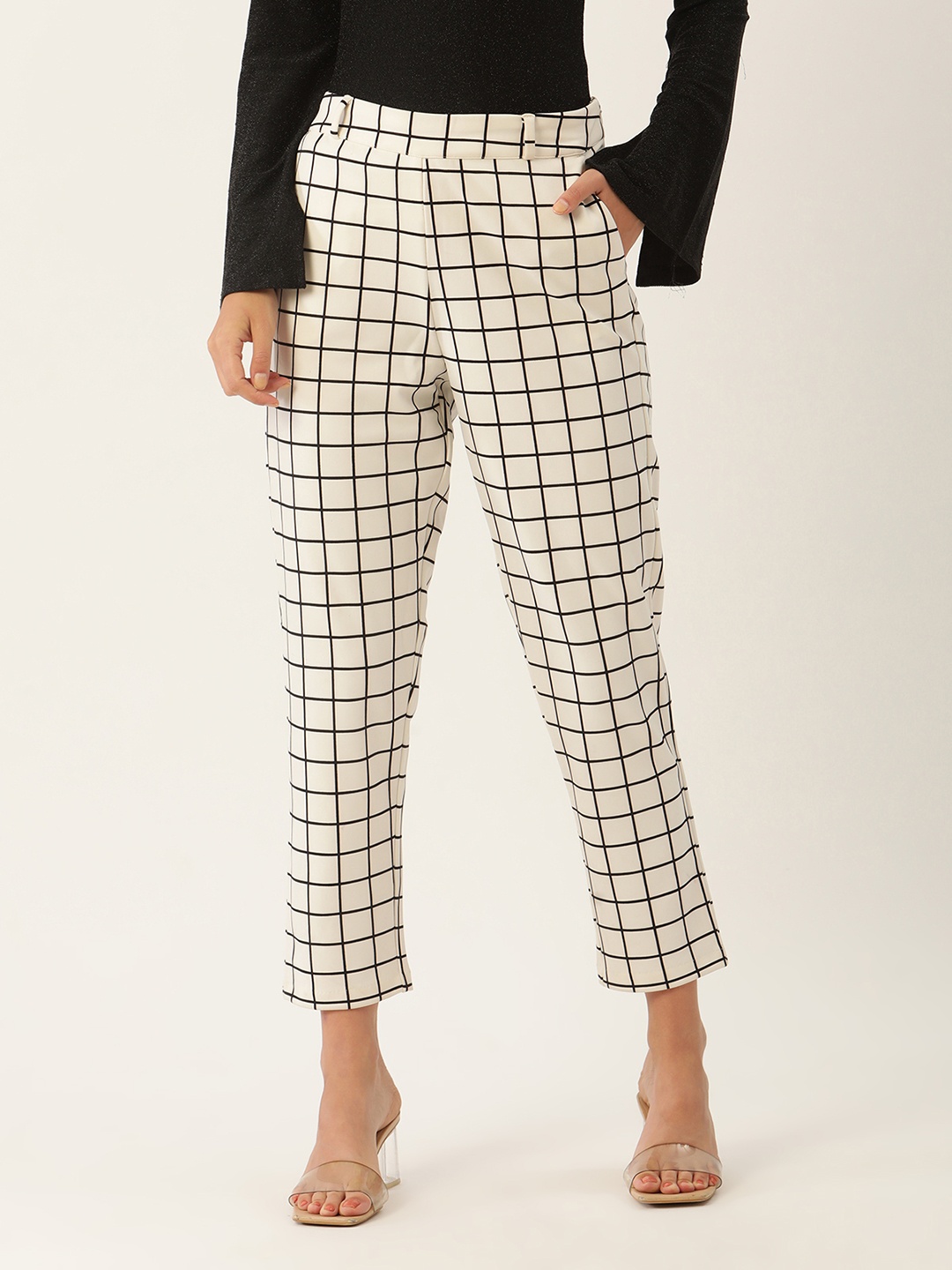 

ZOELLA Women Off-White & Black Regular Fit Checked Regular Trousers