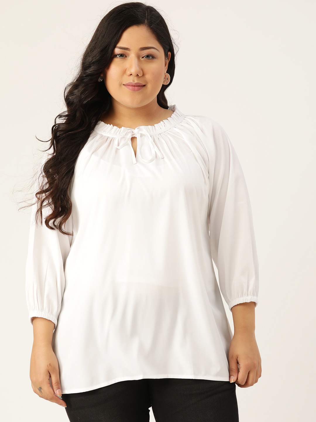 

Rute Women Plus Size White Solid Tie-Up Neck Top