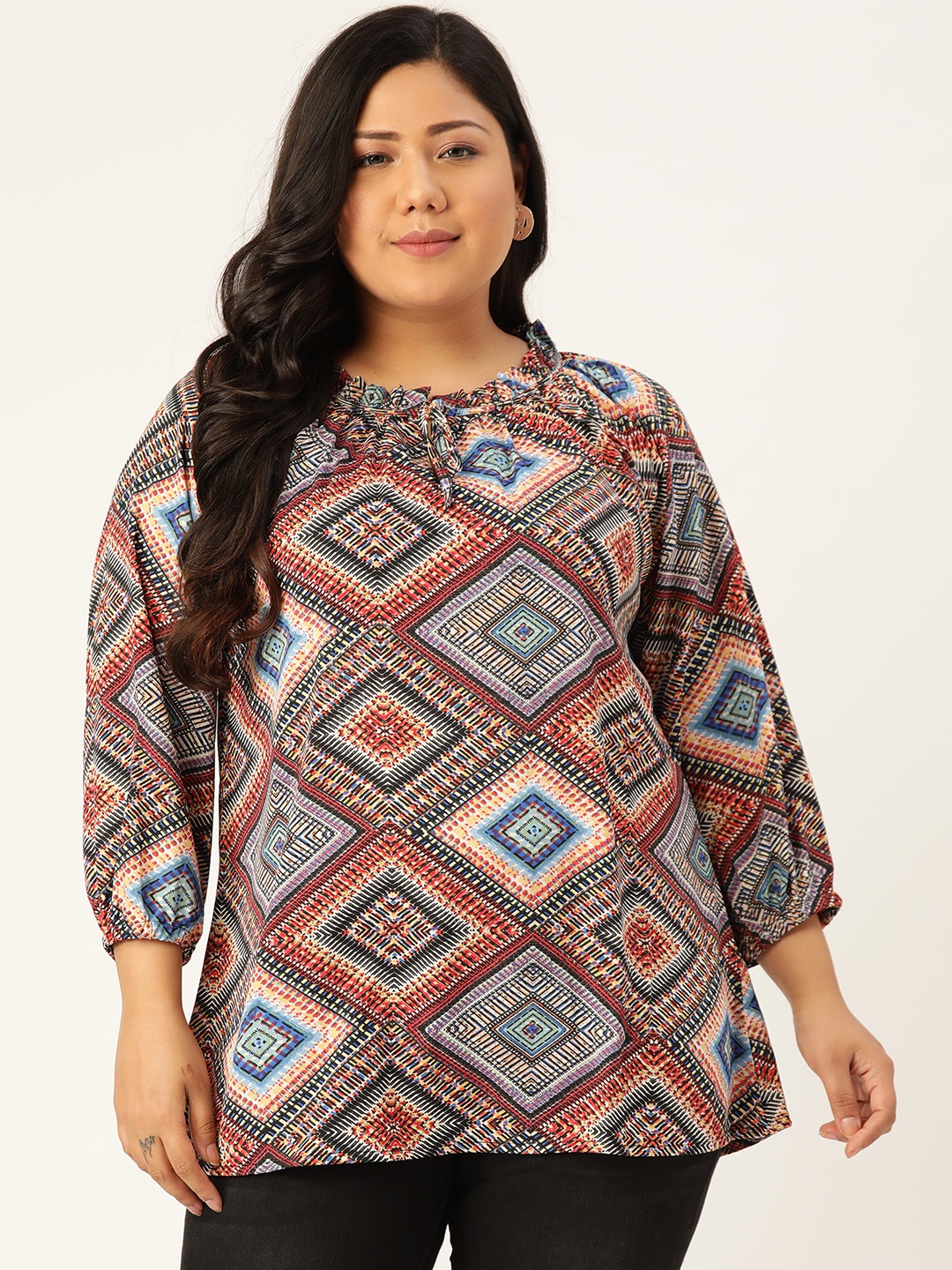 

Rute Plus Size Rust Orange & Blue Geometric Printed Tie-Up Neck Puff Sleeves Crepe Top