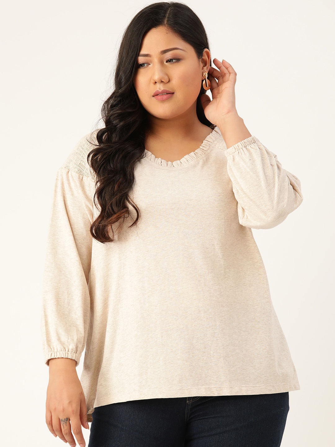 

Rute Plus Size Cream-Coloured Puff Sleeves Smocked Pure Cotton Top