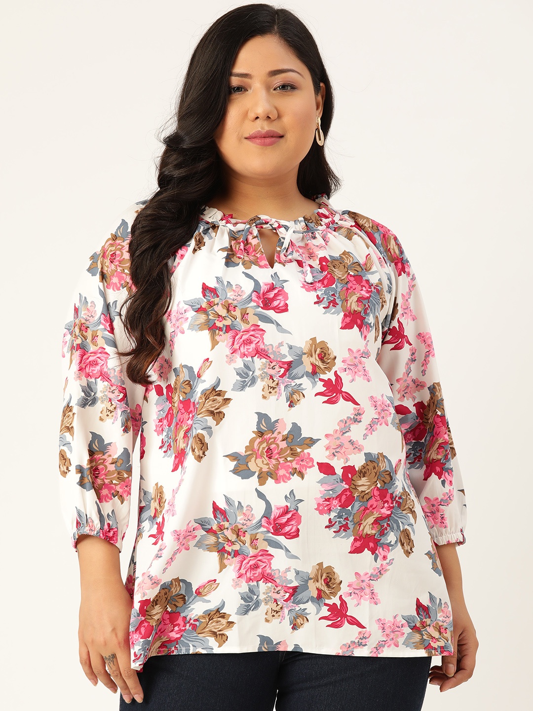 

Rute Plus Size White & Pink Floral Printed Tie-Up Neck Puff Sleeves Crepe Top