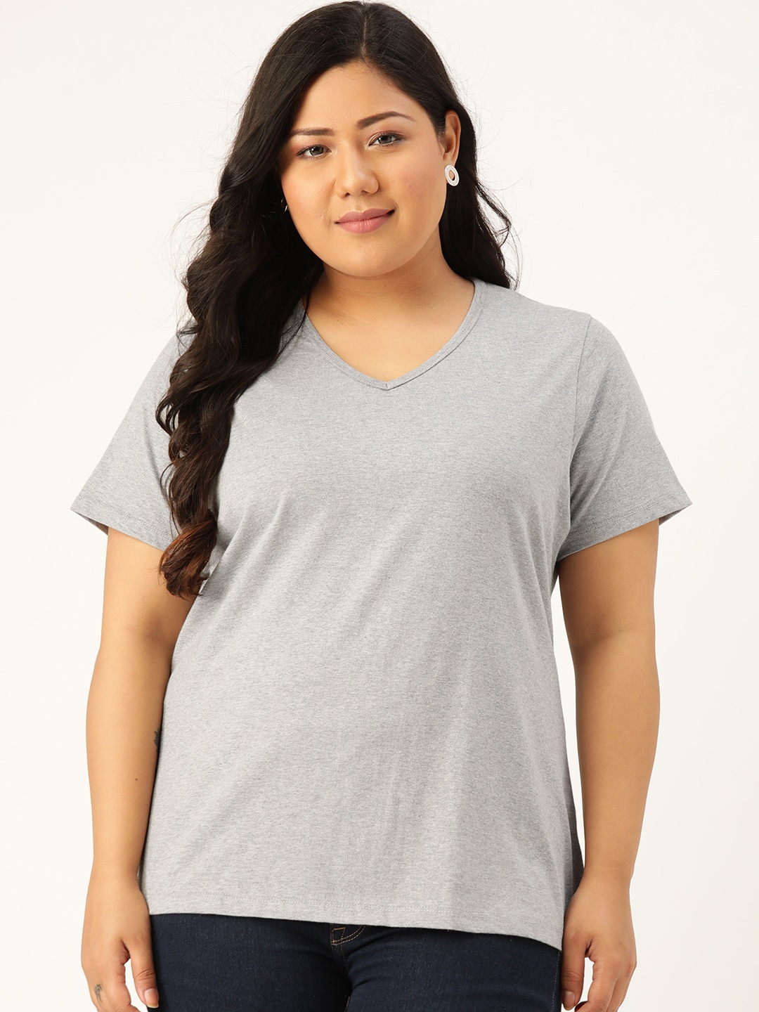 

Rute Women Plus Size Grey Melange Solid Pure Cotton V-Neck Pure Cotton T-shirt