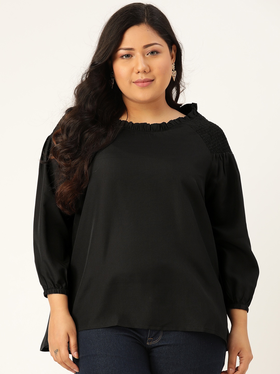 

Rute Women Plus Size Black Solid Smocked Top