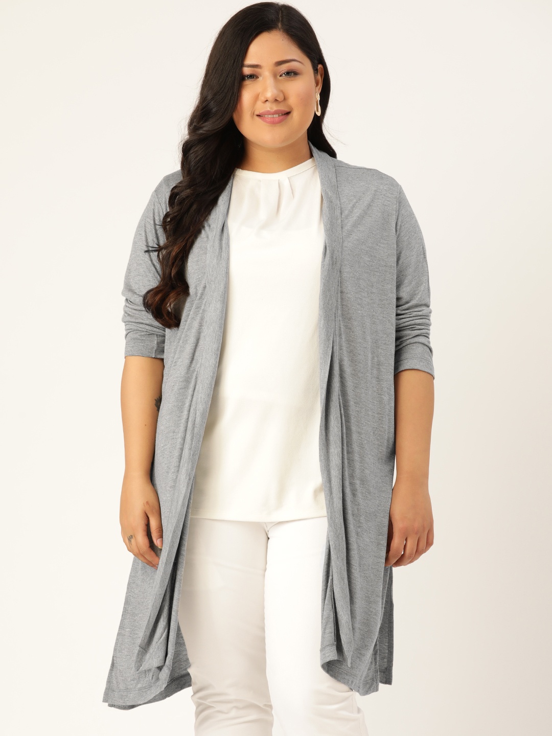 

Rute Women Plus Size Grey Melange Cotton Solid Longline Open Front Shrug