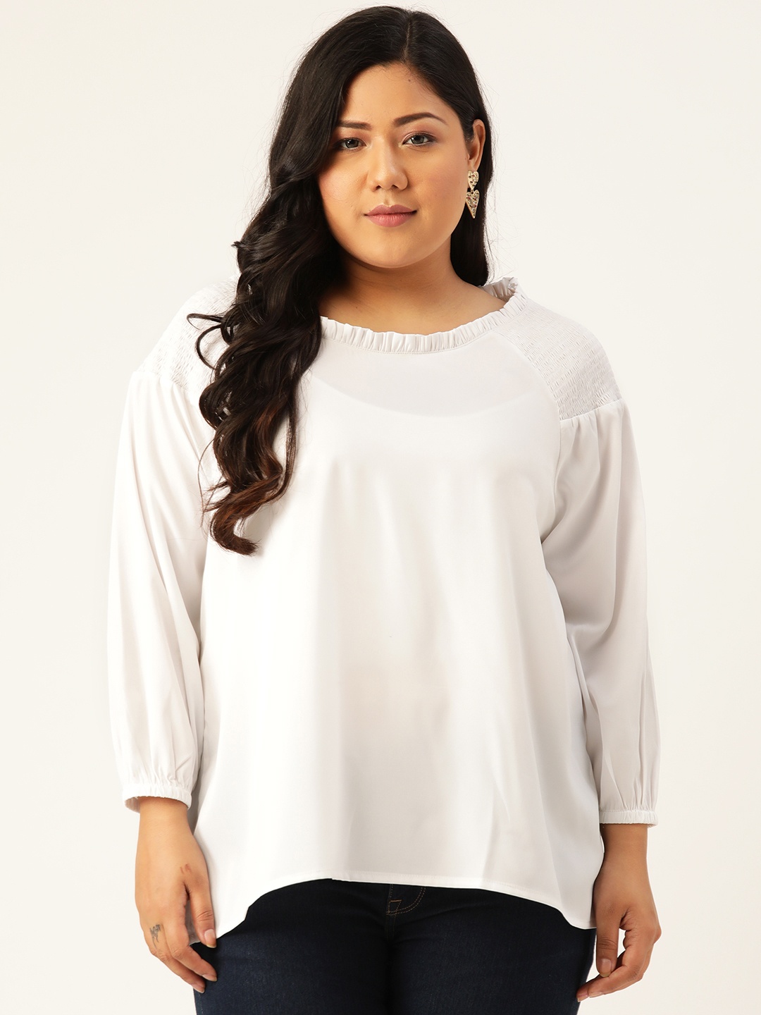 

Rute Women Plus Size White Solid Smocked Crepe Top