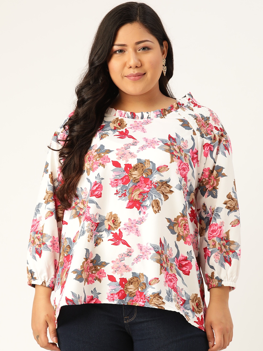 

Rute Women Plus Size White & Pink Floral Print Smocked Top