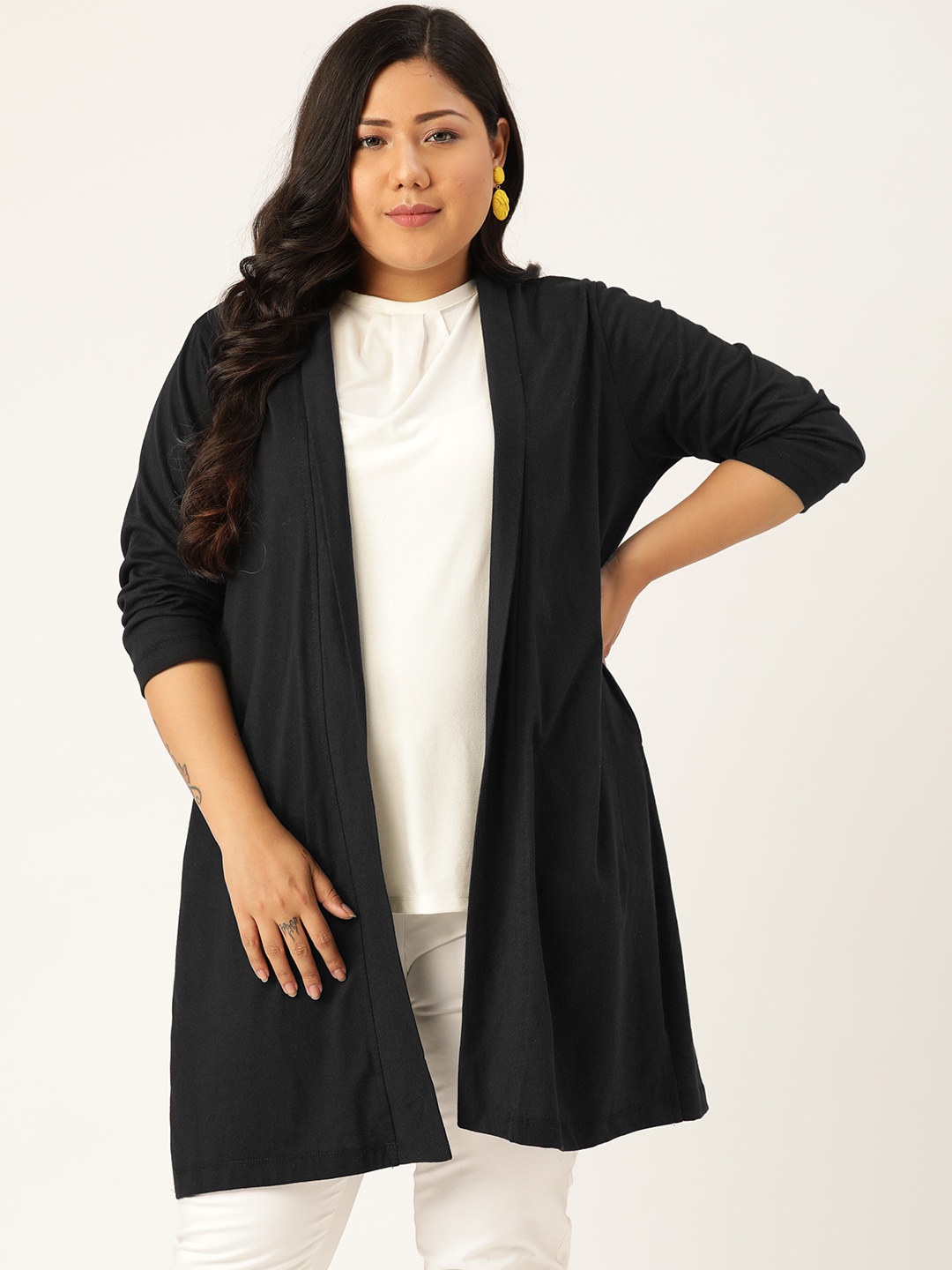 

Rute Women Plus Size Black Cotton Solid Longline Open Front Shrug