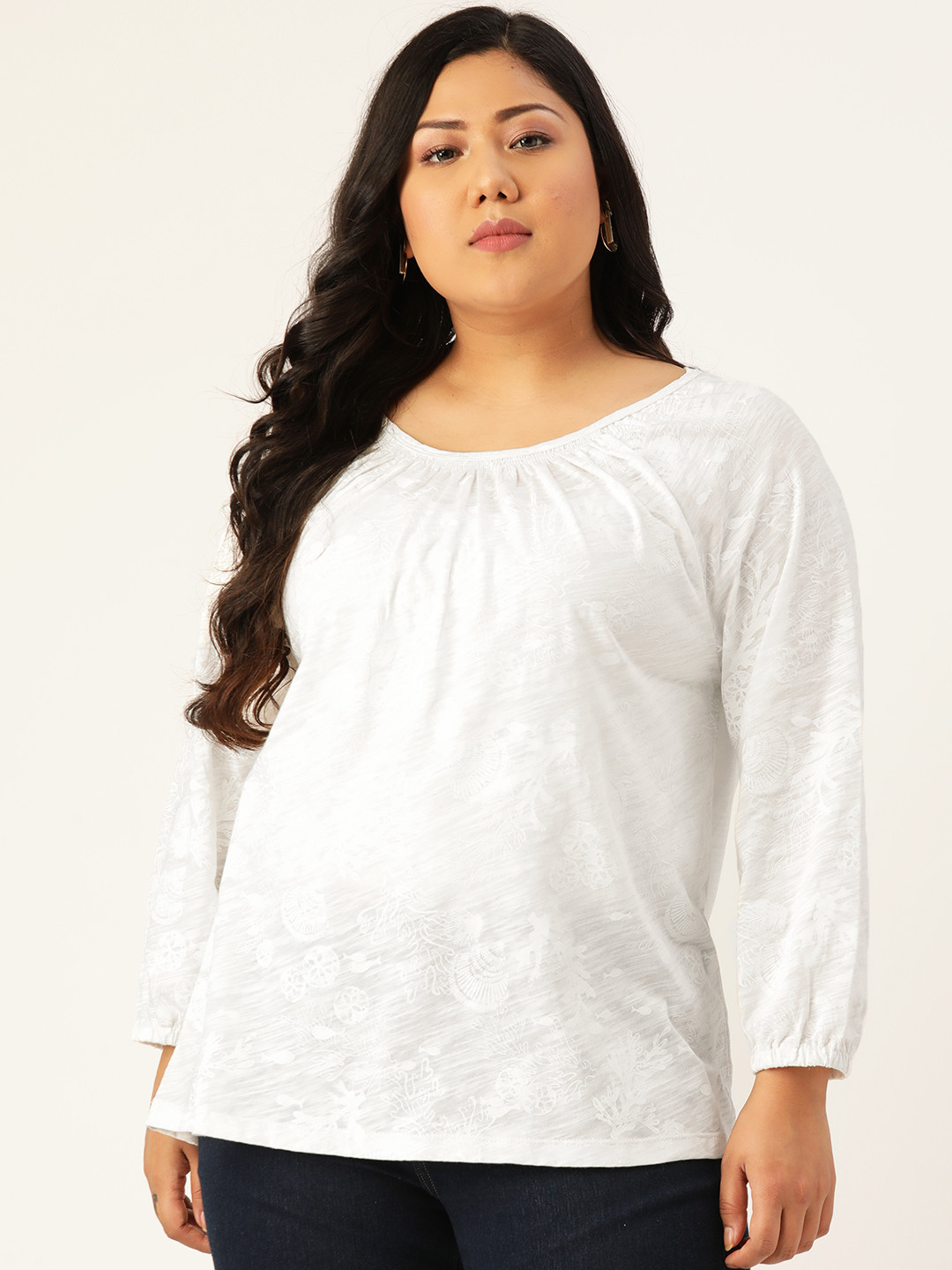 

Rute Plus Size White Floral Printed Puff Sleeves Pure Cotton Top