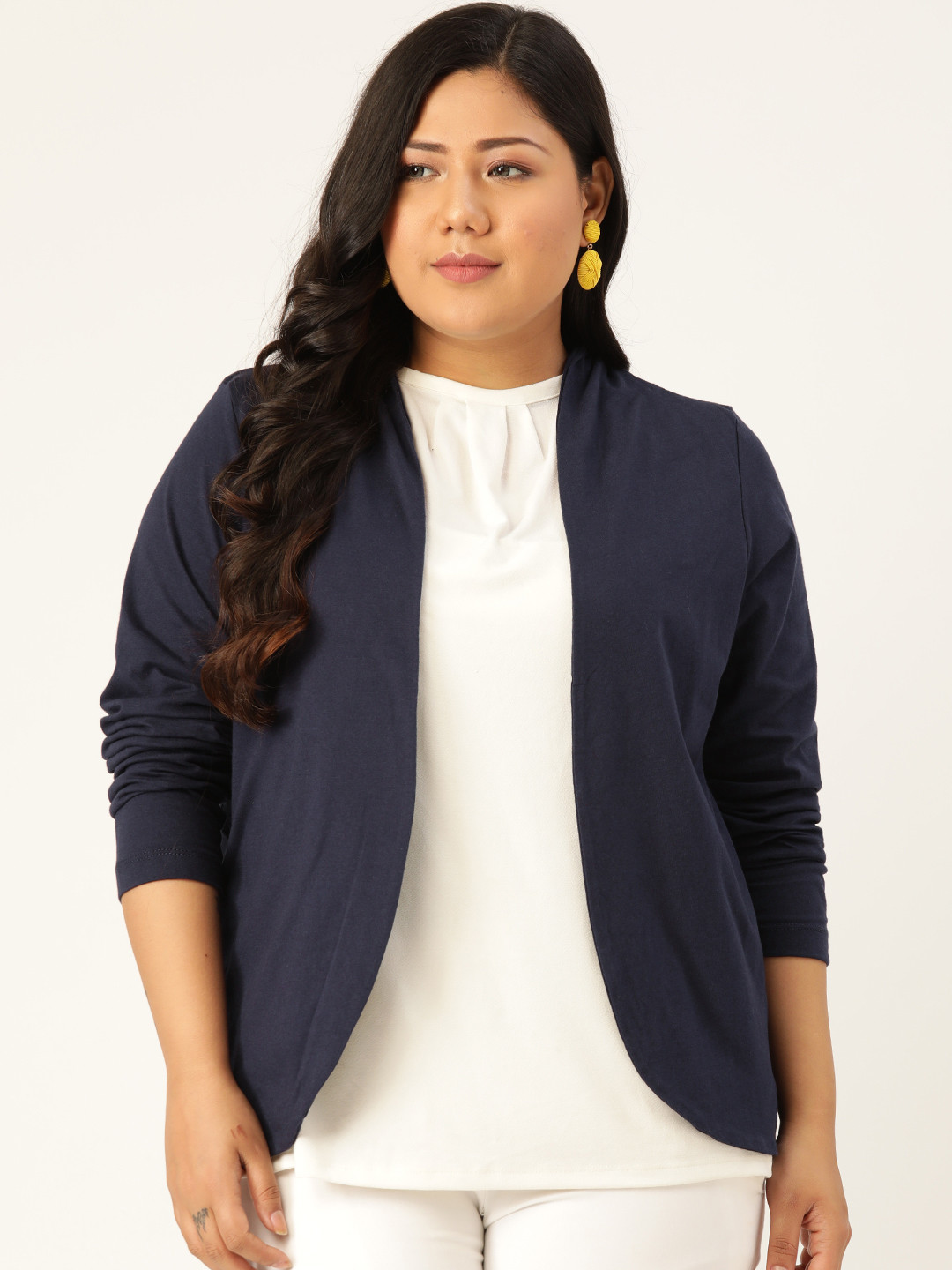 

Rute Women Plus Size Navy Blue Cotton Solid Open Front Shrug