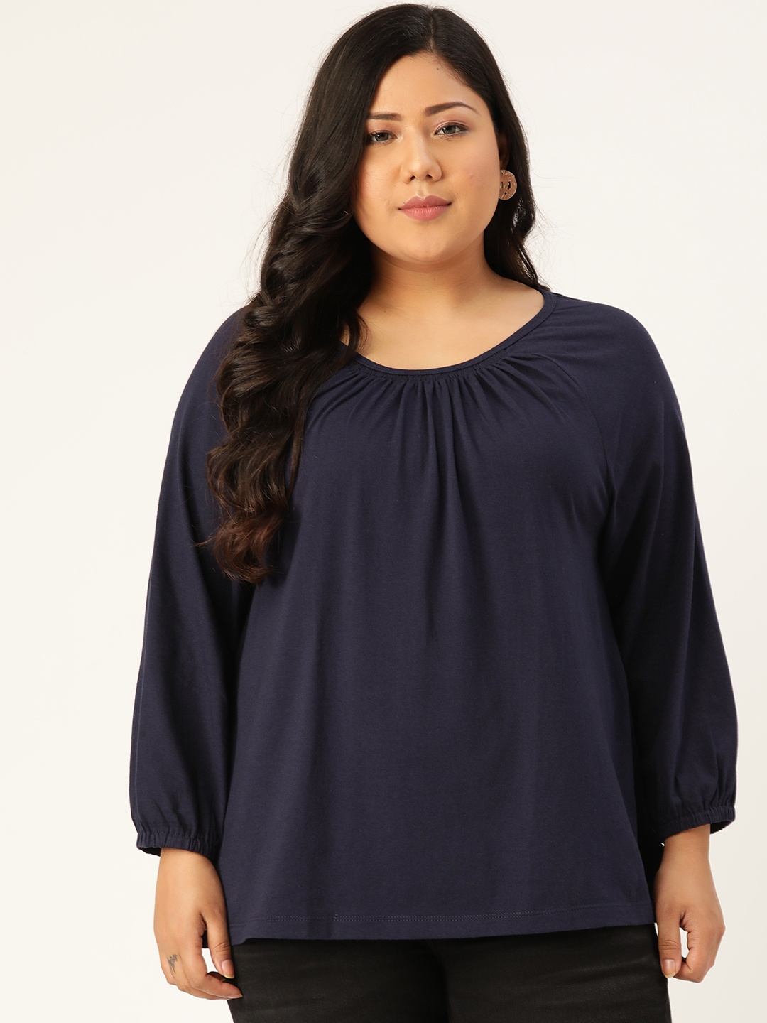 

Rute Plus Size Navy Blue Puff Sleeves Pure Cotton Top
