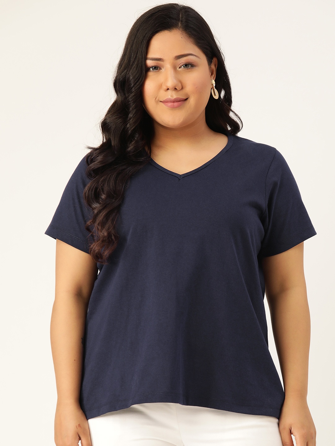 

Rute Women Plus Size Navy Blue Solid Pure Cotton V-Neck Pure Cotton T-shirt