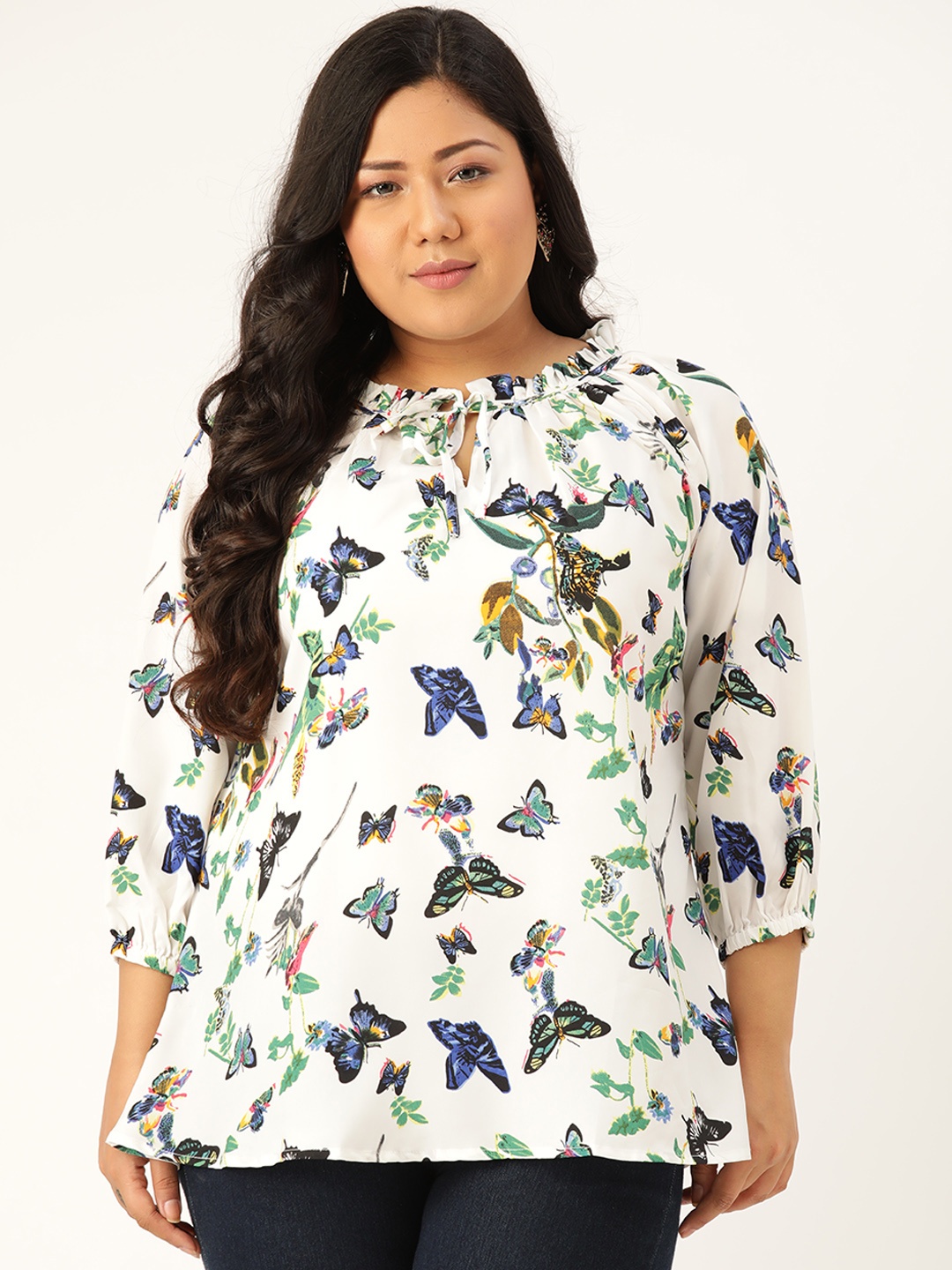 

Rute Women Plus Size White & Green Butterfly Print Tie-Up Neck Top