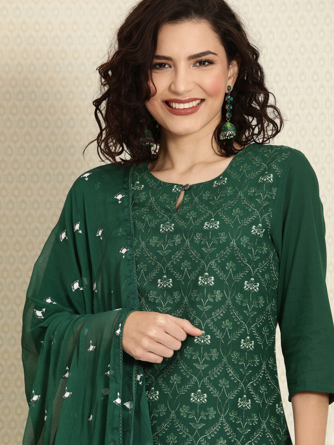 

House of Pataudi Women Green & White Printed Kurta with Trousers & Dupatta