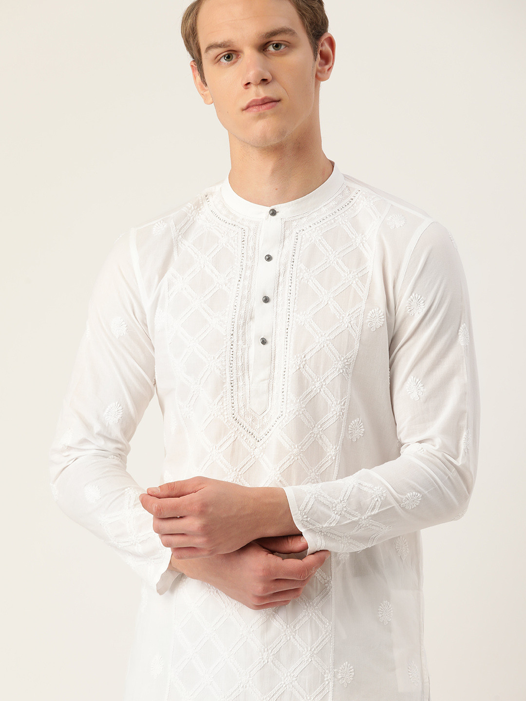 

House of Pataudi Men White Authentic Hand Embroidered Chikankari Pure Cotton Kurta Set
