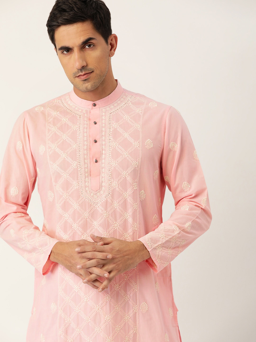

House of Pataudi Men Peach Authentic Hand Embroidered Chikankari Pure Cotton Kurta Set