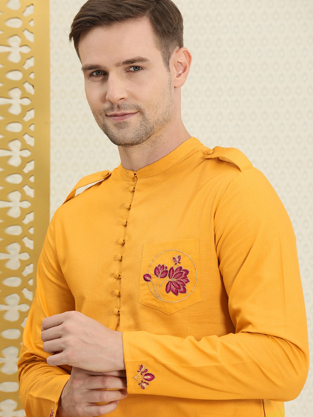 

House of Pataudi Men Mustard Yellow Solid Pathani Kurta with Embroidery