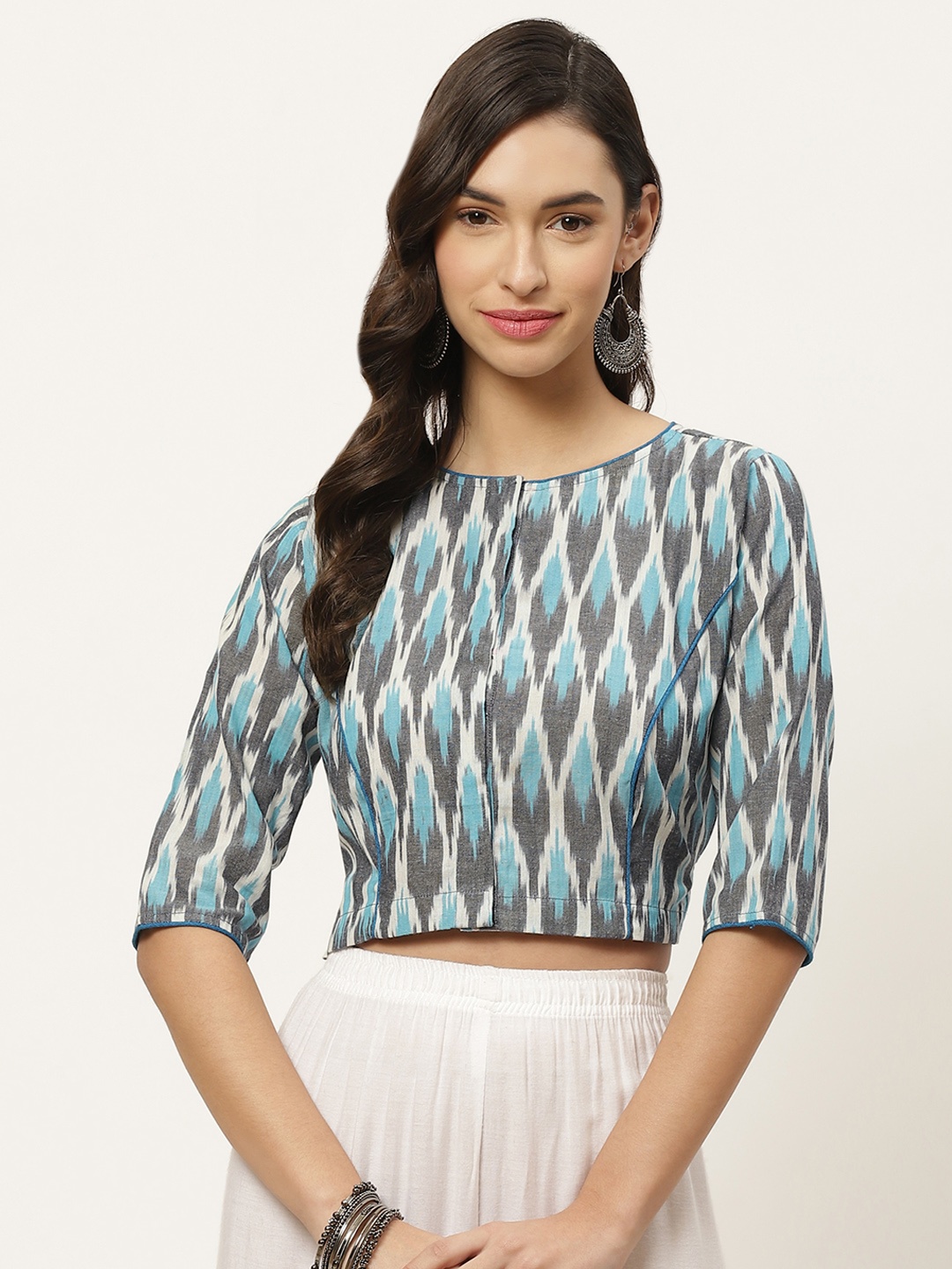 

tantkatha Grey & Turquoise Blue Printed Ikkat Weaved Pure Cotton Saree Blouse
