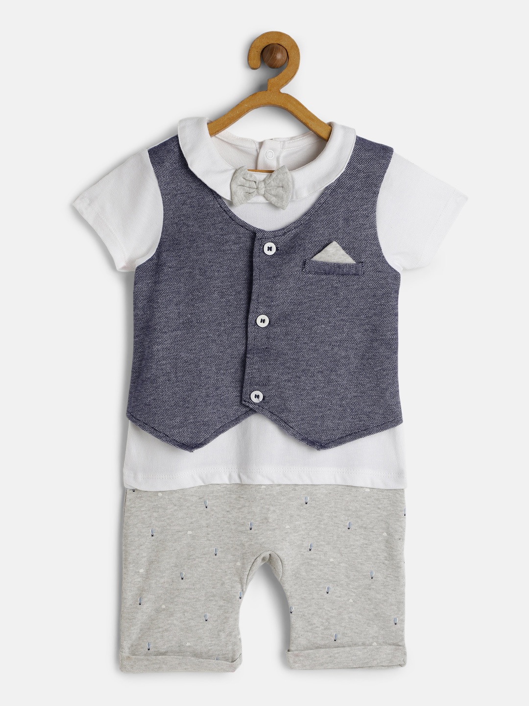 

mothercare Infant Boys Blue & White Solid Pure Cotton Mock Waistcoat Romper