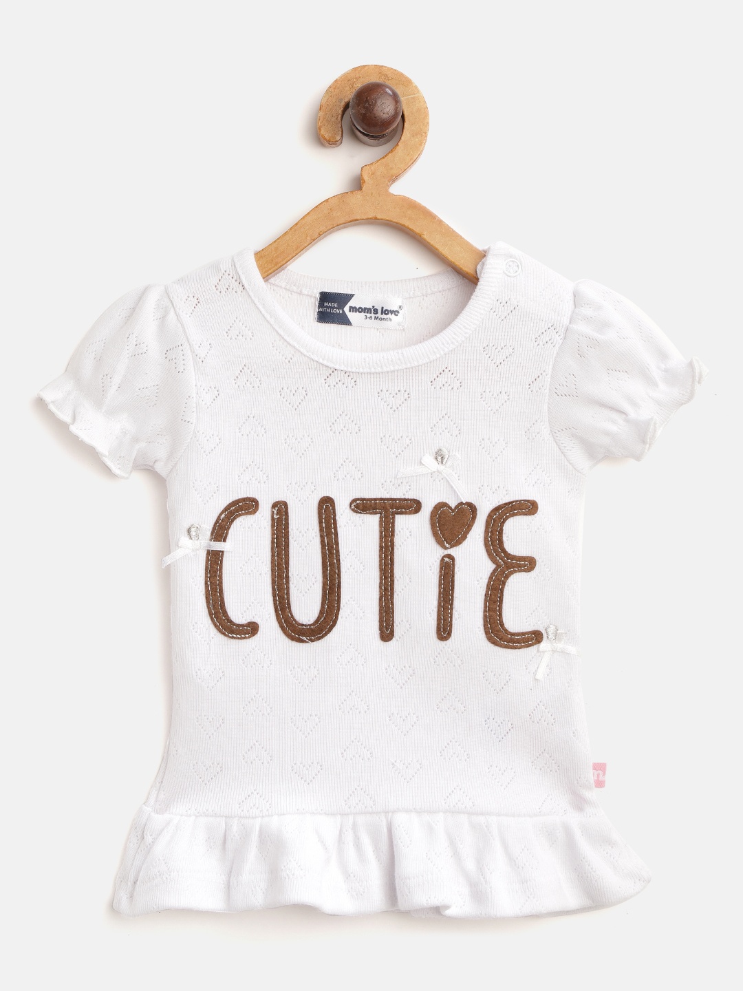 

Moms Love Infant Girls White & Brown Puffed Sleeve Ruffled Cotton Top with Applique Detail