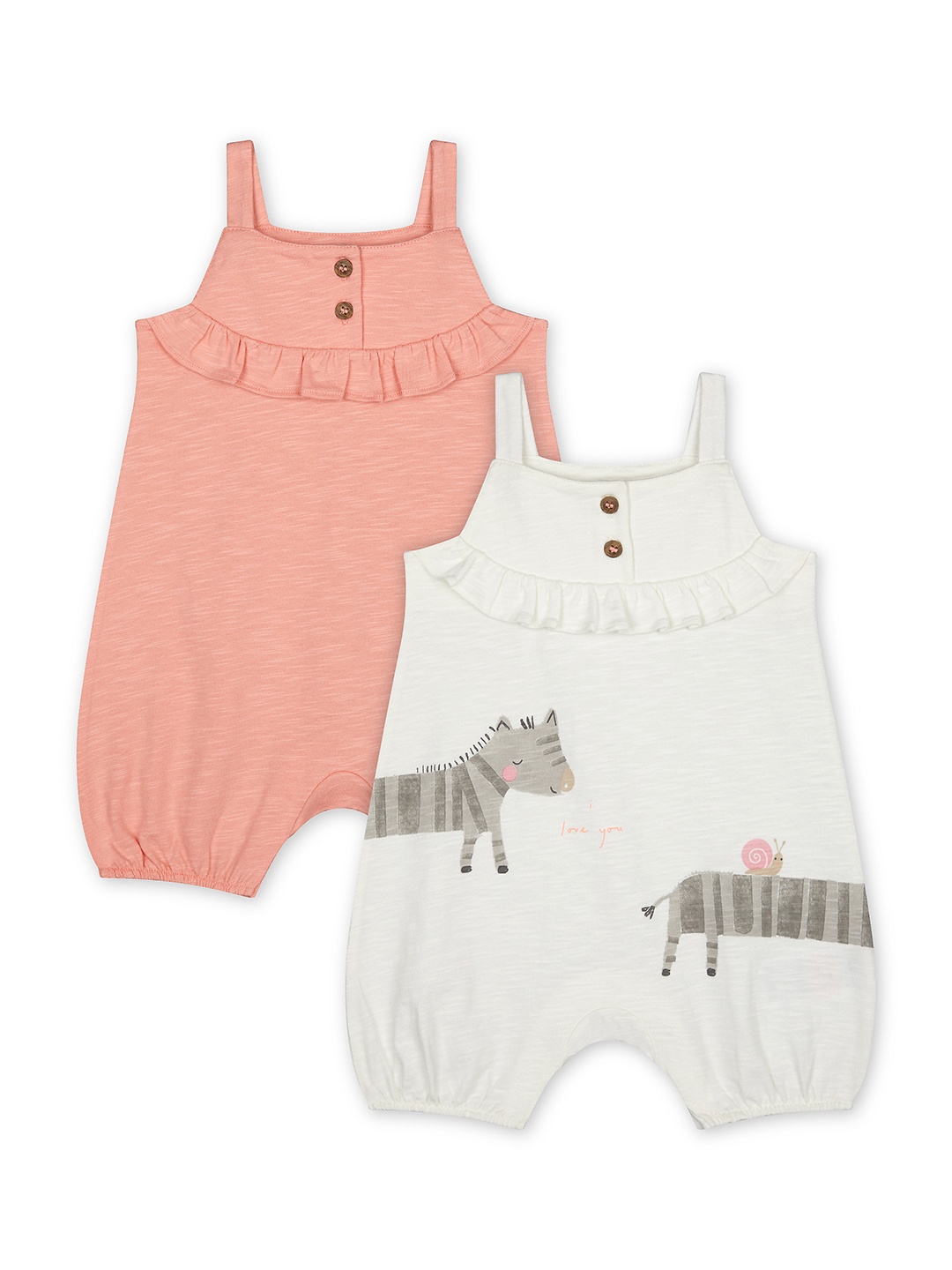 

mothercare Infant Girl Pack of 2 Peach-Coloured & Cream-Coloured Pure Cotton Rompers