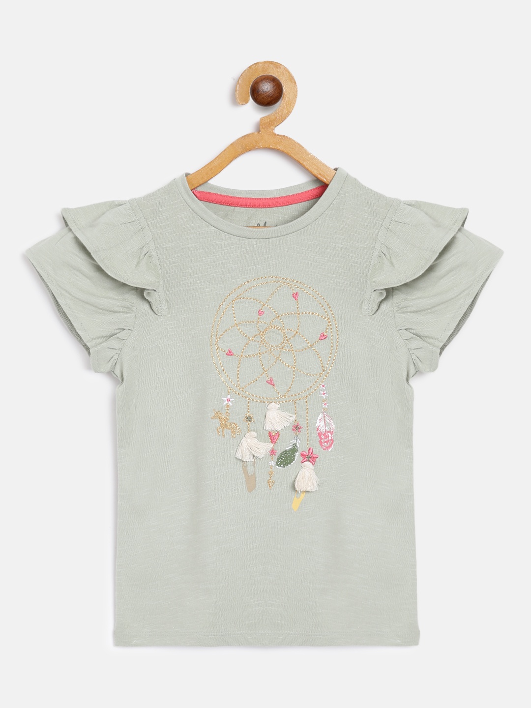 

mothercare Girls Grey & Beige Dreamcatcher Embroidered Flutter Sleeve Top with Tassels