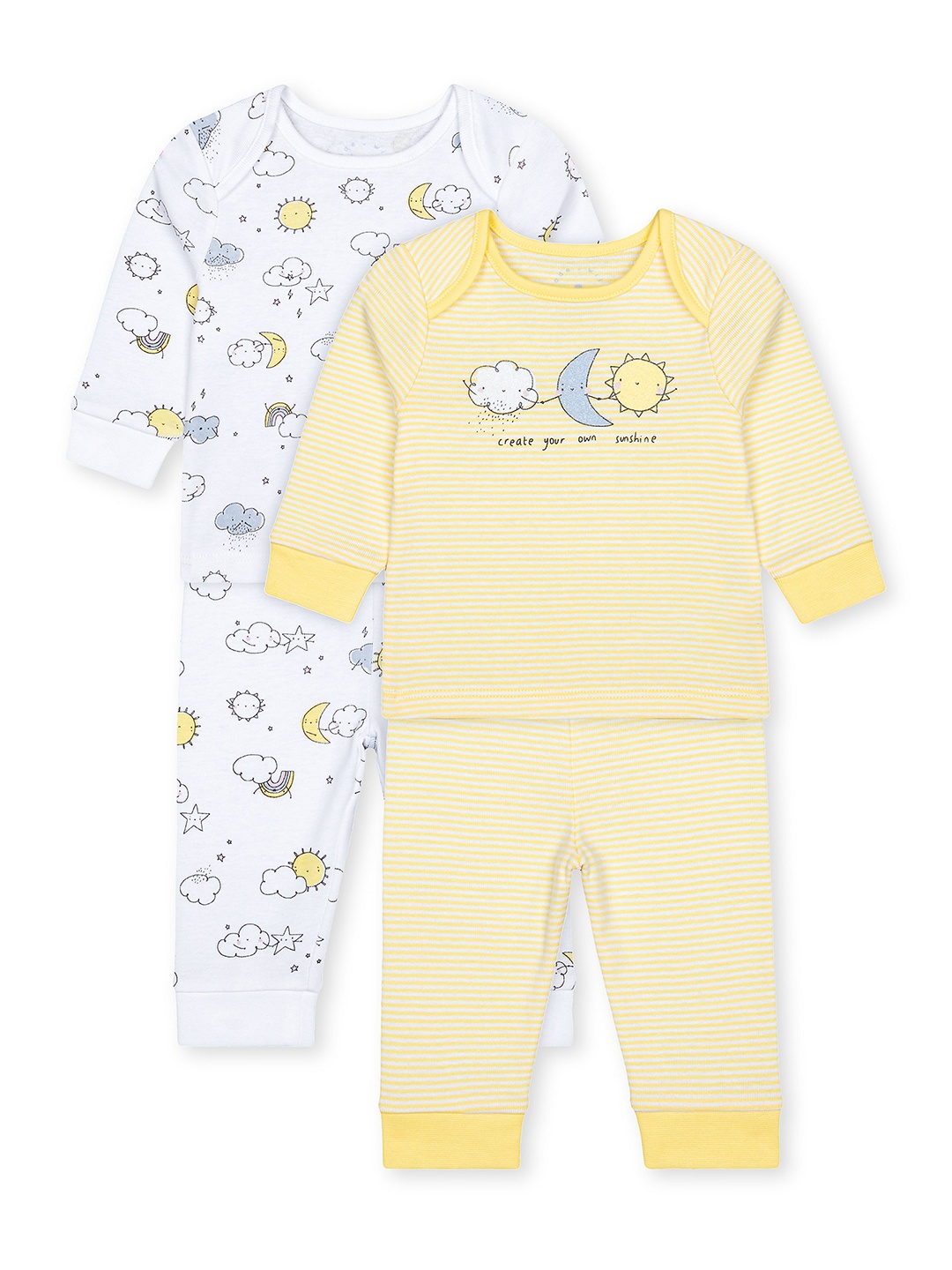 

mothercare Kids Pack Of 2 White & Yellow Printed Pure Cotton Night suits