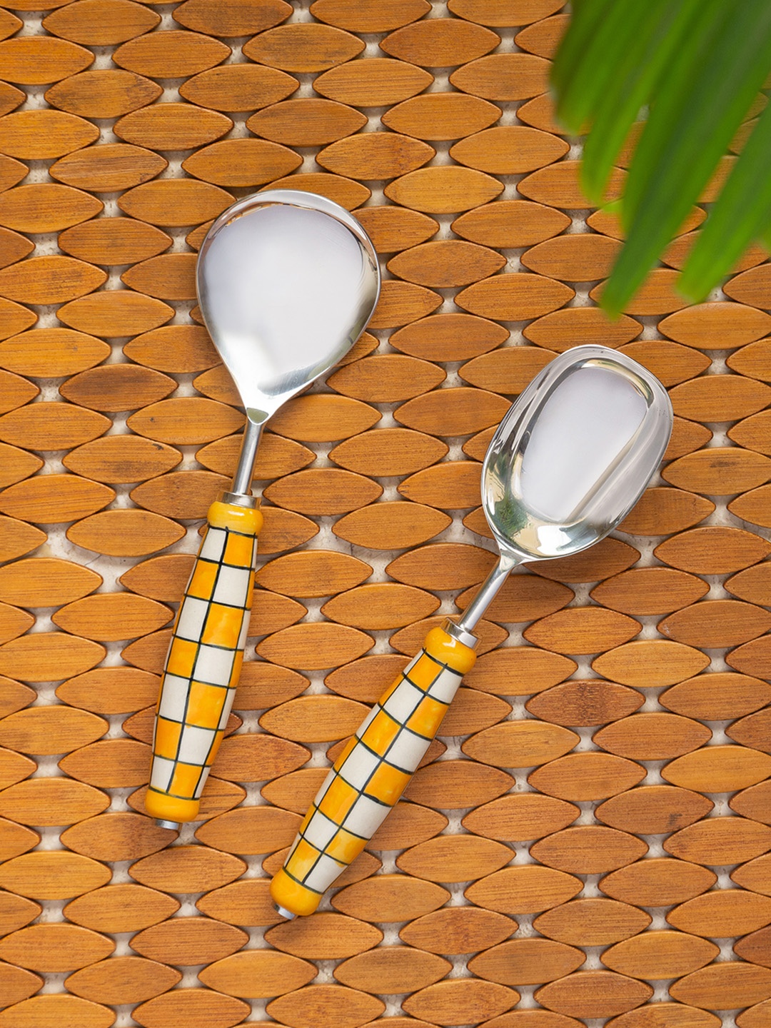 

ExclusiveLane Set of 2 Shatranj Checkered Hand-painted Stainless Steel Serving Spoons, Yellow