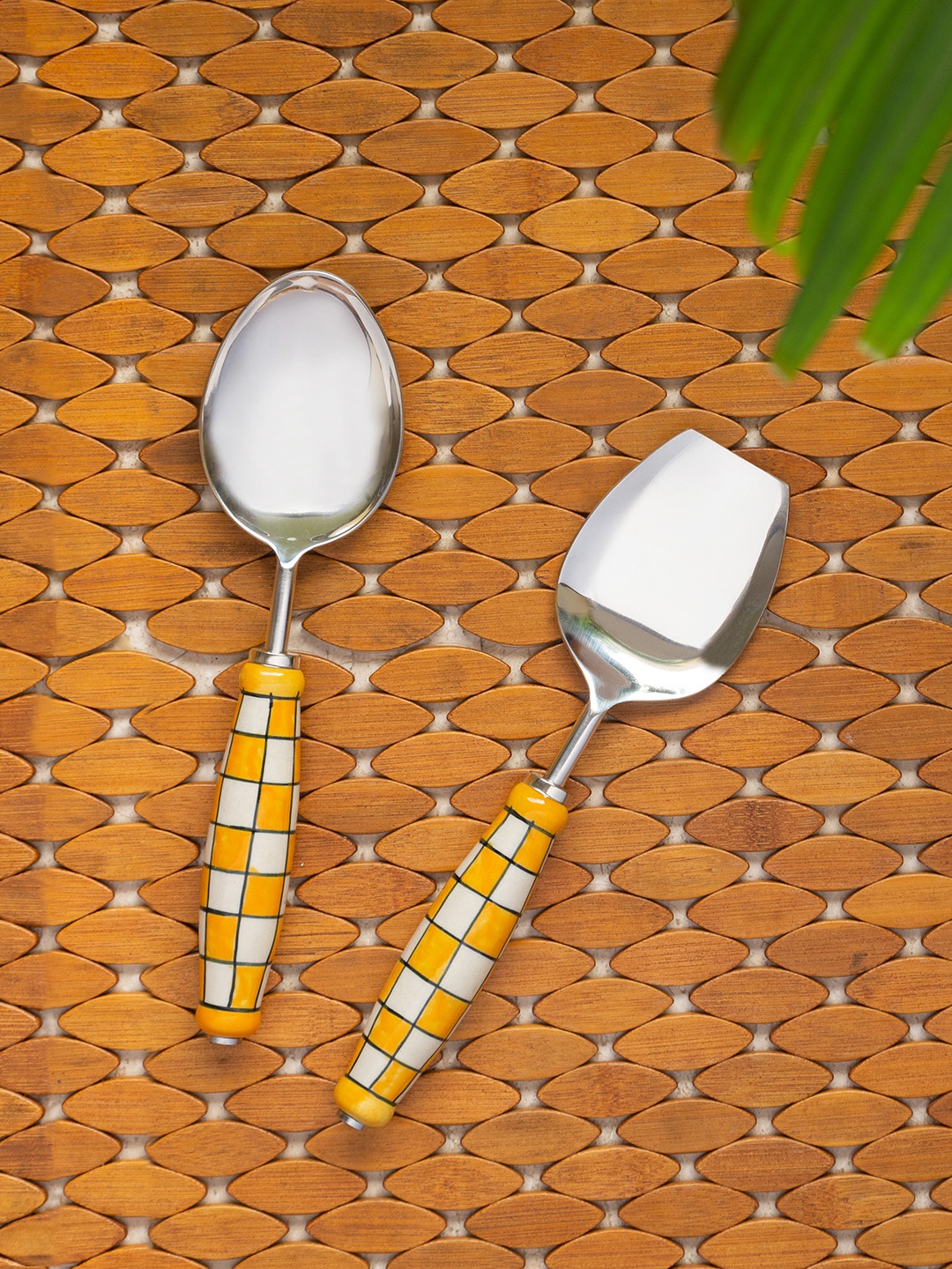 

ExclusiveLane Set of 2 Yellow & White Checked Hand-Painted Stainless Steel Serving Spoons