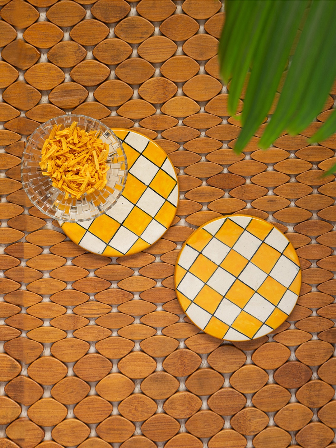 

ExclusiveLane Set of 2 Yellow & White Checked Handpainted Ceramic Trivets