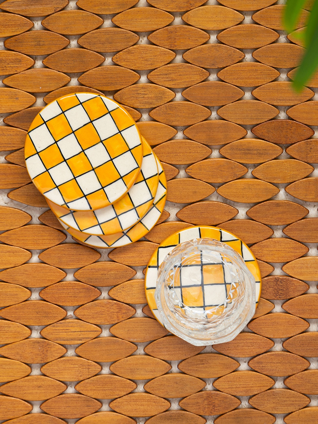 

ExclusiveLane Set of 4 Yellow & White Checked Hand-painted Ceramic Coasters