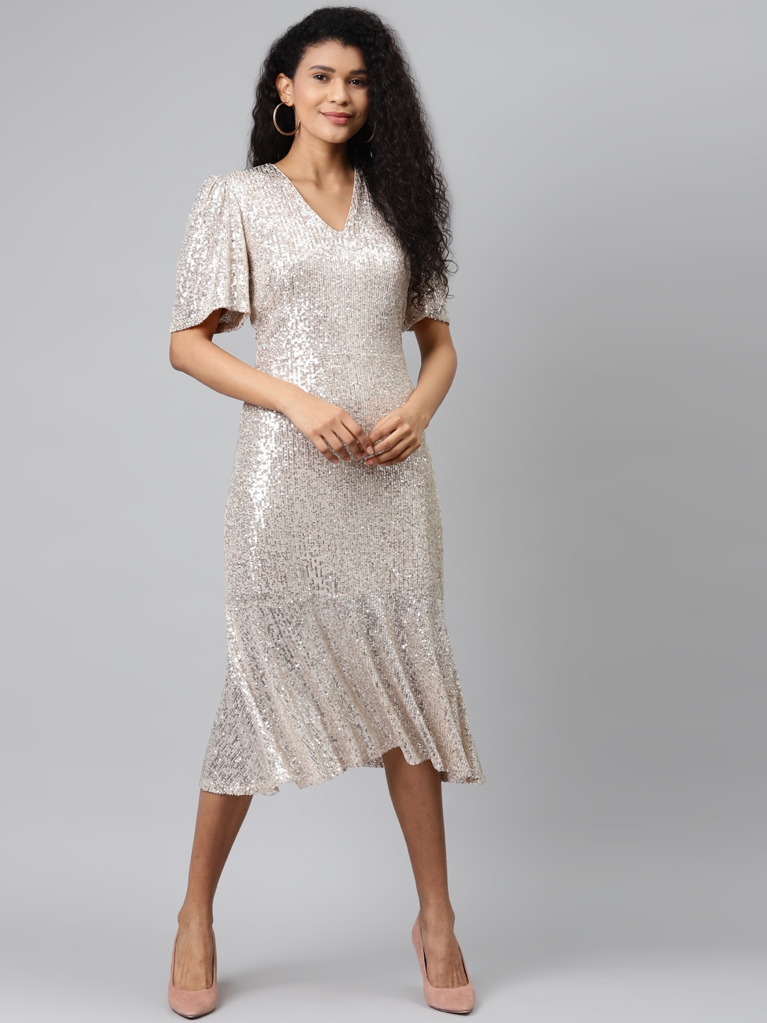 

Marks & Spencer Women Beige Embellished A-Line Dress With Puff Sleeves