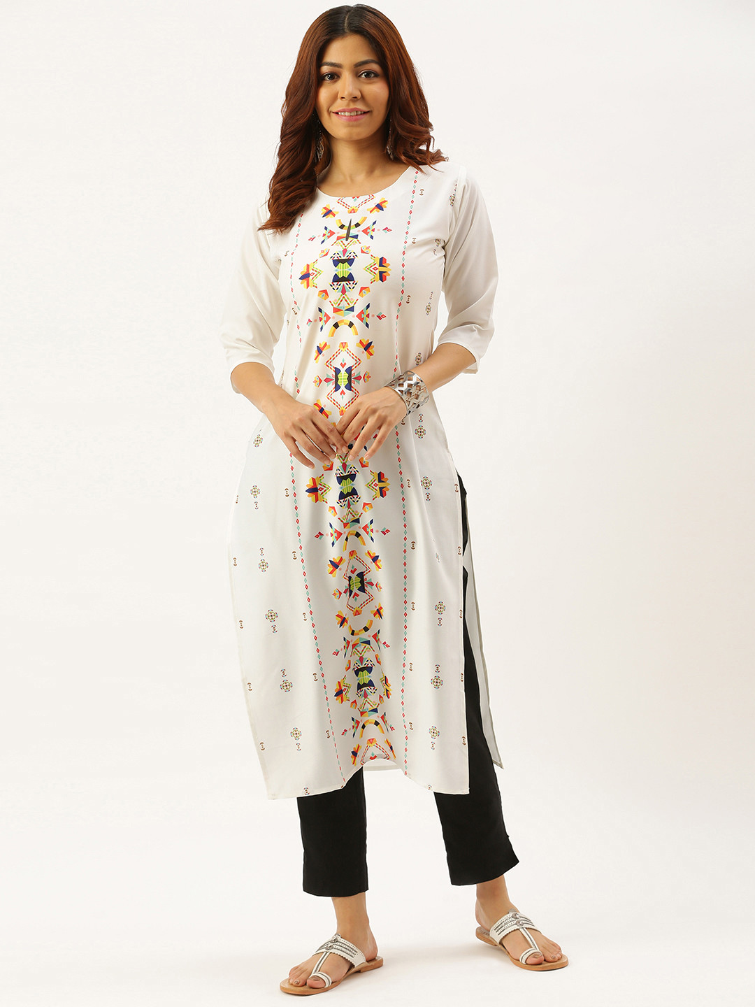 

7threads Women White Tribal Printed Quirky Kurta