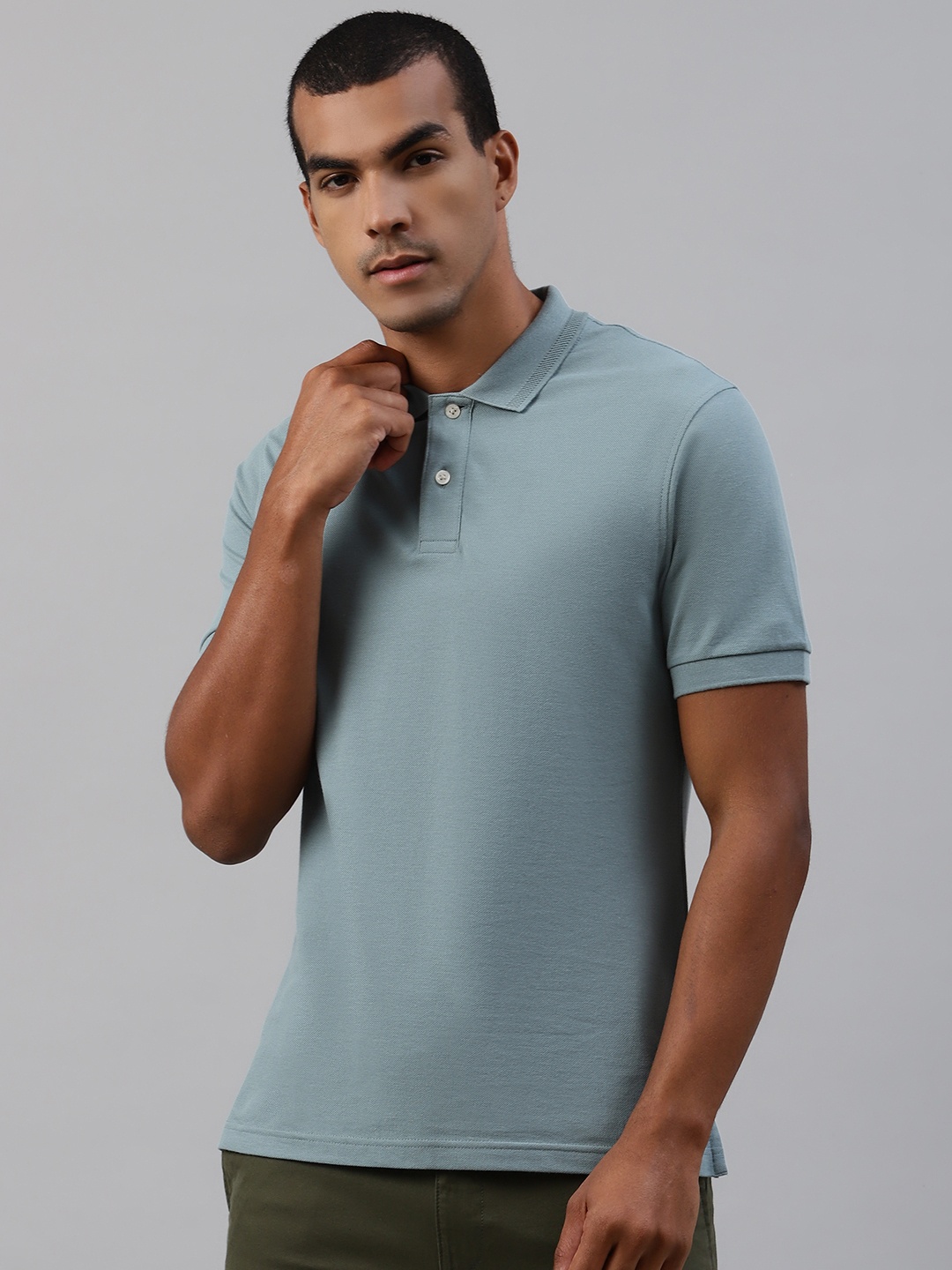 

Marks Spencer Men Dusty Blue Pure Cotton Slim Fit Solid Polo Collar Pure Cotton T-shirt